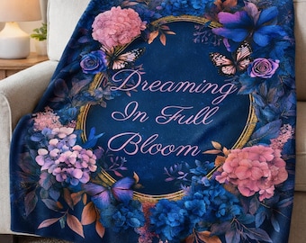 Personalized Dreaming In Full Bloom Floral Wreath & Butterflies Garden Blanket, Custom Dark Floral Romantic Cover, Cozy Throw Gift For Her
