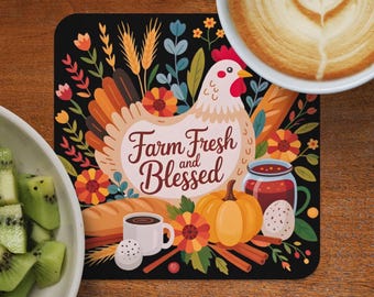 Farm Fresh And Blessed Fall Harvest Coaster Set, Chicken Pumpkins Sourdough Flowers Homestead Cork Back Drink Mats, Country Kitchen Decor