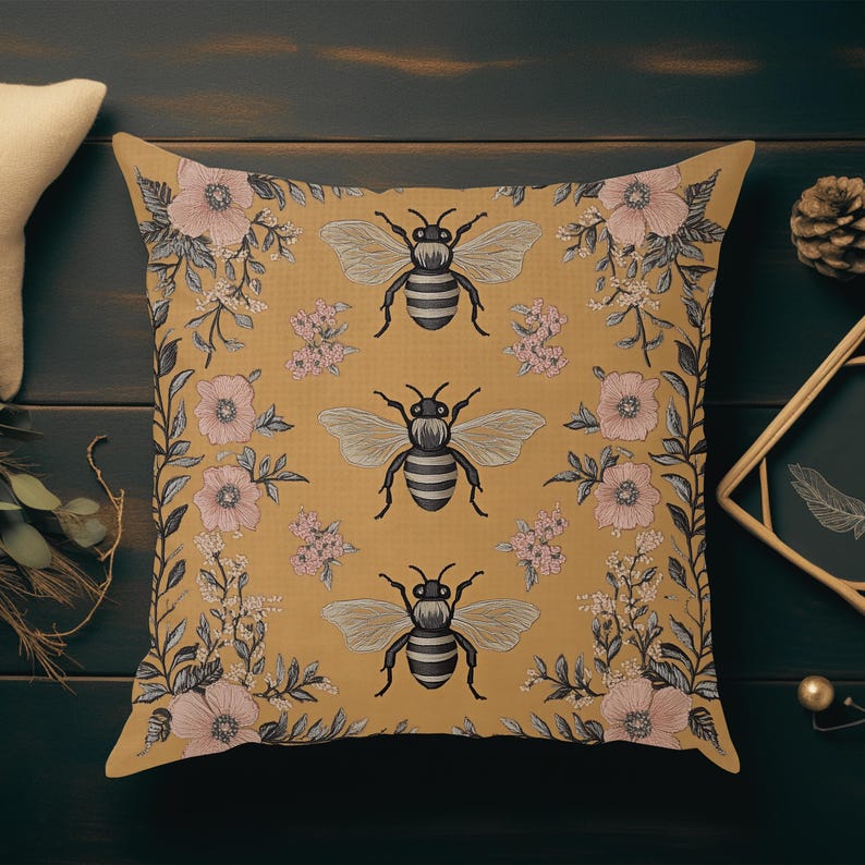 Künstlerisches Boho Blumenbienenwurfkissen, Cottagecore frühlingshaftes Dekorateurkissengeschenk, Naturalismusinsekten-Hummel-botanischer Hauptakzent Bild 3