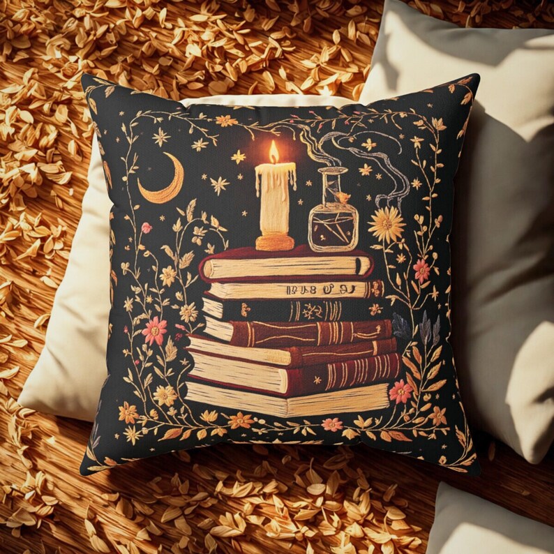 Dark Academia bloemen gotisch leesgrage sierkussen, Witchy Vibes literair boekenliefhebber bibliotheekaccent, Celestial Stars Moon Reading kussen cadeau afbeelding 2