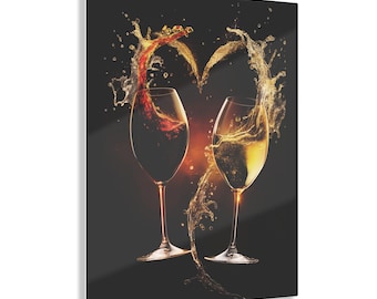 Wine Lovers Gift, Red Wine and White Wine Toast, Glasses Collide and Form a Heart of Wine, Home Decor Acrylic Print Wall Art, Love Gift