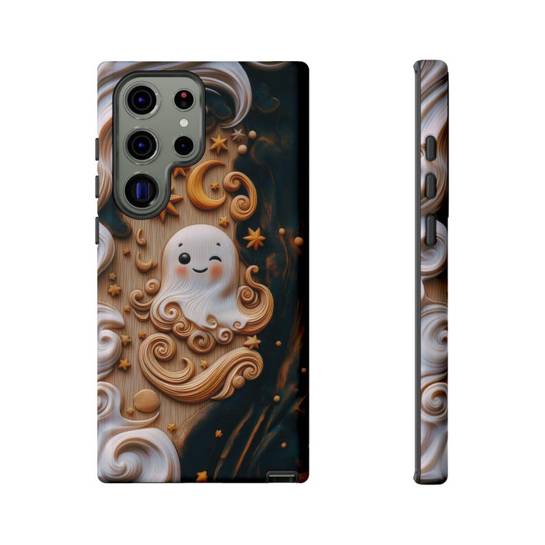 Cute 3D Carved Wood Kawaii Ghost Halloween Phone Case, Spooky Season Celestial Stars Moon Holiday Phone Cover For iPhone Samsung Google image 8
