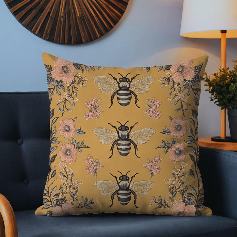Künstlerisches Boho Blumenbienenwurfkissen, Cottagecore frühlingshaftes Dekorateurkissengeschenk, Naturalismusinsekten-Hummel-botanischer Hauptakzent Bild 2