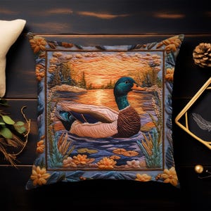 Mallard Duck Faux Embroidered Floral Pillow, Rustic Wildlife Decor, Lake Cabin Throw Accent, Nature Lover Gift, Cozy Woodland Sunset Cushion