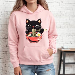 Svart katt Ramen nudlar hoodie, japansk matälskare tröja, kawaii ramen katt hoodie, retro kattälskare pullover present, unisex söt mysig anime hoodie bild 2