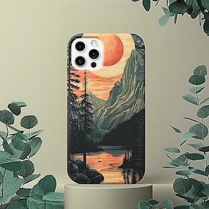 Custodia per telefono in finto legno rustico con montagne e tramonto sul fiume, custodia per telefono intagliata in 3D con foresta e natura, cover per telefono in legno con arte montana per iPhone, Samsung, Google