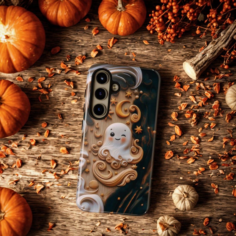 Cute 3D Carved Wood Kawaii Ghost Halloween Phone Case, Spooky Season Celestial Stars Moon Holiday Phone Cover For iPhone Samsung Google image 1
