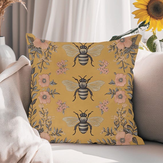 Artistic Boho Floral Bee Throw Pillow, Cottagecore Springful Decorator Cushion Gift, Naturalism Insect Bumble Bee Botanical Home Accent
