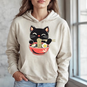 Black Cat Ramen Noodle Hoodie, Japanese Foodie Shirt, Kawaii Ramen Cat Hoody, Retro Cat Lover Pull Over Gift, Unisex Cute Cozy Anime Hoodie