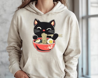 Black Cat Ramen Noodle Hoodie, Japanese Foodie Shirt, Kawaii Ramen Cat Hoody, Retro Cat Lover Pull Over Gift, Unisex Cute Cozy Anime Hoodie