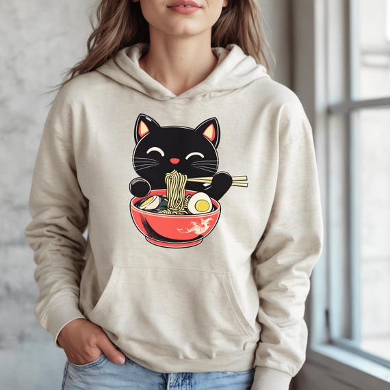 Black Cat Ramen Noodle Hoodie, Japanese Foodie Shirt, Kawaii Ramen Cat Hoody, Retro Cat Lover Pull Over Gift, Unisex Cute Cozy Anime Hoodie