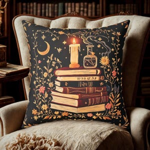 Dark Academia bloemen gotisch leesgrage sierkussen, Witchy Vibes literair boekenliefhebber bibliotheekaccent, Celestial Stars Moon Reading kussen cadeau afbeelding 3