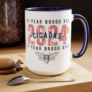 Year of the Cicadas Special Two-Tone Coffee Mug 15oz Cup, Vintage Insect Lover Gift, 2024 Cicada Emergence of Brood XIX and XIII Reunion