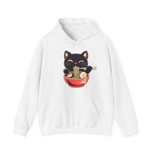 Svart katt Ramen nudlar hoodie, japansk matälskare tröja, kawaii ramen katt hoodie, retro kattälskare pullover present, unisex söt mysig anime hoodie bild 4