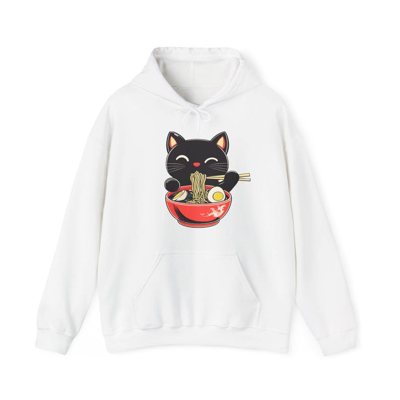 Svart katt Ramen nudlar hoodie, japansk matälskare tröja, kawaii ramen katt hoodie, retro kattälskare pullover present, unisex söt mysig anime hoodie bild 4