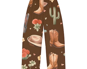 Retro Vintage Style Cowboy Western Theme Cute Women's Pajama Pants, Boots, Cactus, Flowers Pj Bottoms