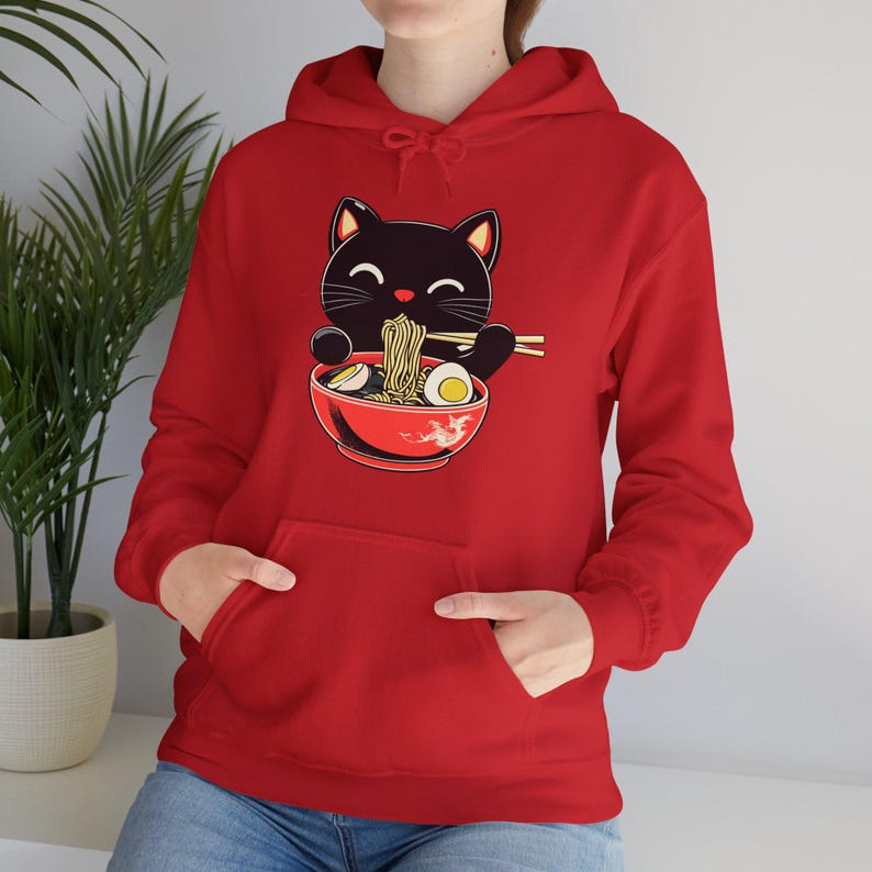 Svart katt Ramen nudlar hoodie, japansk matälskare tröja, kawaii ramen katt hoodie, retro kattälskare pullover present, unisex söt mysig anime hoodie bild 6