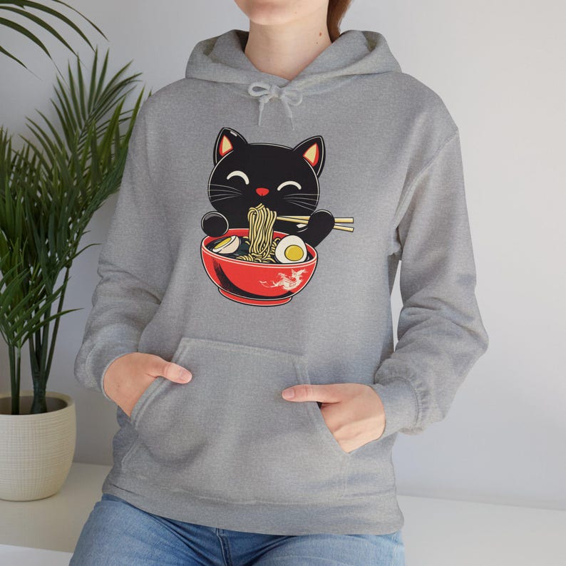 Svart katt Ramen nudlar hoodie, japansk matälskare tröja, kawaii ramen katt hoodie, retro kattälskare pullover present, unisex söt mysig anime hoodie bild 9