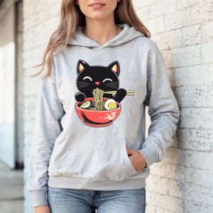 Svart katt Ramen nudlar hoodie, japansk matälskare tröja, kawaii ramen katt hoodie, retro kattälskare pullover present, unisex söt mysig anime hoodie bild 3