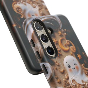 Cute 3D Carved Wood Kawaii Ghost Halloween Phone Case, Spooky Season Celestial Stars Moon Holiday Phone Cover For iPhone Samsung Google image 4