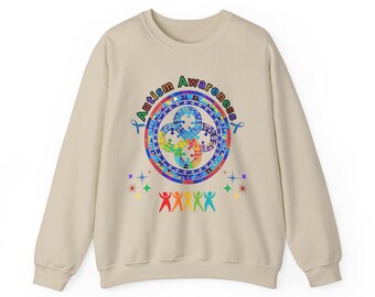Autism Awareness Sweatshirt Month of April, Puzzle Pieces Bright Colors, Infinity, Neurodiversity Gildan Crewneck, Spectrum Blue ribbon
