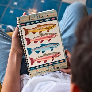 Può includere: Un taccuino a spirale con un'illustrazione colorata di pesci. La copertina presenta quattro diversi disegni di pesci nei toni del giallo, rosso e blu, con il testo "Joshua's" in alto e "Stream of Thoughts" in basso.