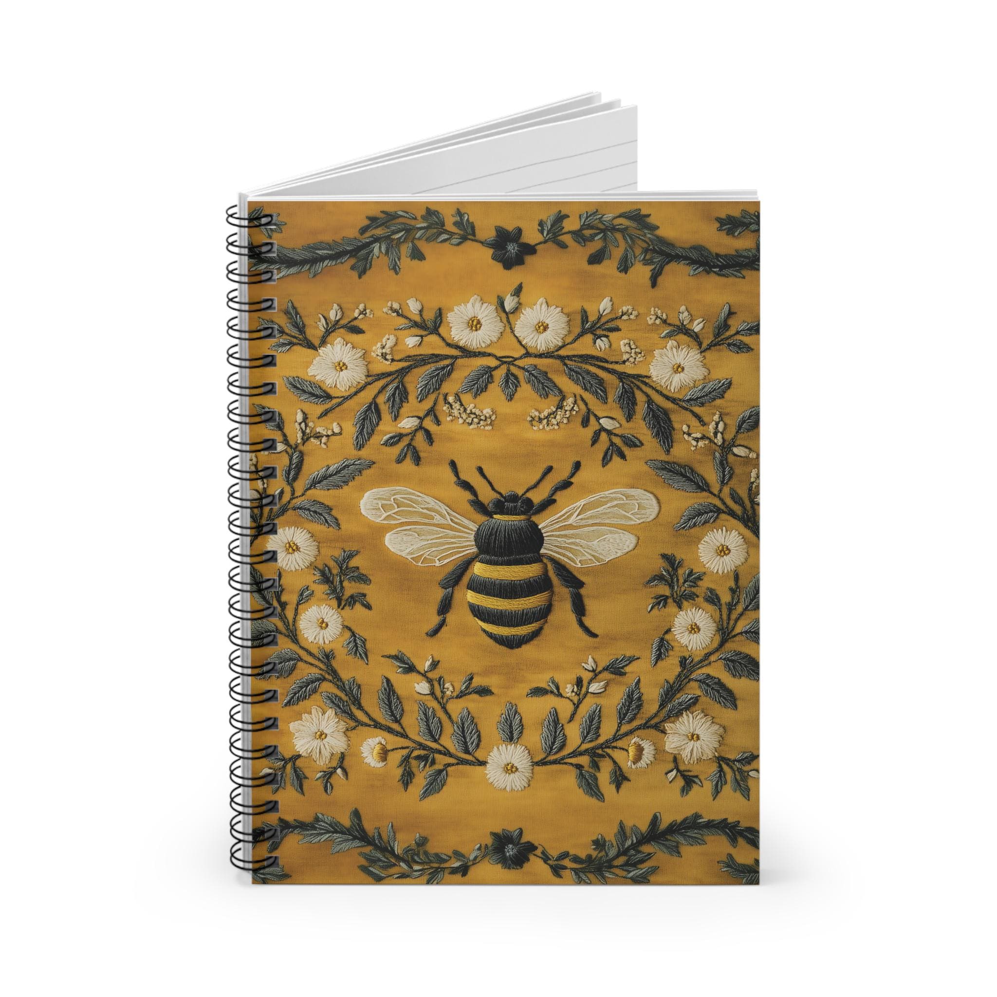 Cute Vintage Golden Dark Floral Bee Spiral Notebook, Boho Cottagecore ...