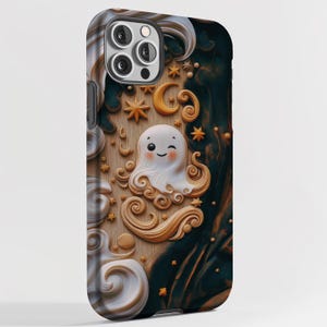 Cute 3D Carved Wood Kawaii Ghost Halloween Phone Case, Spooky Season Celestial Stars Moon Holiday Phone Cover For iPhone Samsung Google image 3