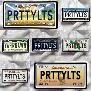 May include: A collection of seven rectangular novelty license plates featuring various state-themed designs, including Ohio, New York, Colorado, Tennessee, Florida, California, and Louisiana, all displaying the text PRTTYLTS or YAHNDAWN.
