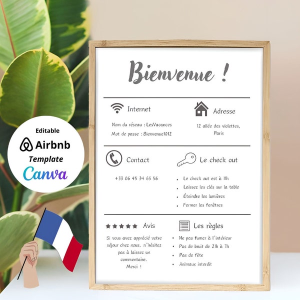 Affiche de bienvenue Airbnb, affiche d’accueil, welcome sign, modèle canva, location de vacances, imprimable, règles, Wifi, organisation