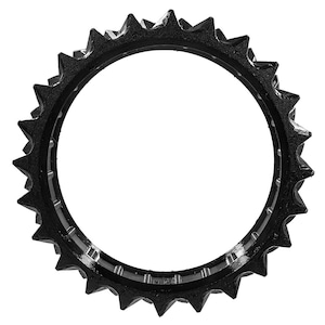 May include: A black metal sprocket with sharp, triangular teeth. The circular gear has a textured surface and a central opening. The image is a close-up, highlighting the gear's design and construction.