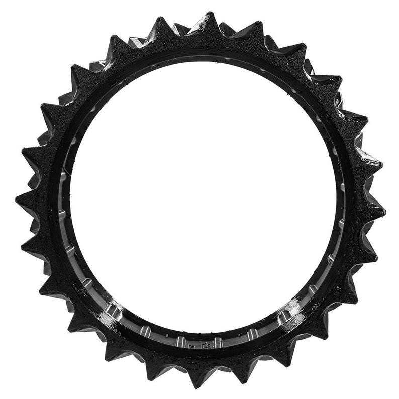 May include: A black metal sprocket with sharp, triangular teeth. The circular gear has a textured surface and a central opening. The image is a close-up, highlighting the gear's design and construction.
