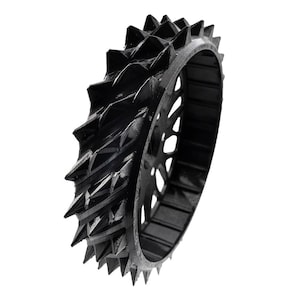 May include: A black, spiky gear wheel with a series of triangular protrusions around the outer edge. The wheel has a series of holes in the center. The gear is set against a white background.