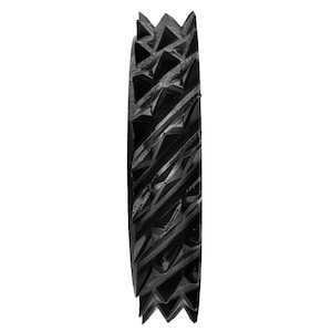 May include: A black, textured bracelet with a geometric design. The bracelet features a series of raised, triangular shapes along its surface. The edges have a jagged, crown-like appearance. The bracelet is shown against a white background.