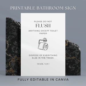 Bathroom Sign | Flush Only Toilet Paper | Printable Bathroom Sign | Editable Canva Template | Airbnb Bathroom Poster | Aesthetic Template