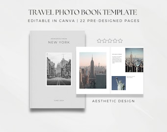 May include: A photo book template with a gray cover and the text "Memories from New York" and "June 2024". The cover features a black and white photo of a street in New York City. The inside pages feature photos of the city skyline and the Statue of Liberty. The template is editable in Canva and includes 22 pre-designed pages.