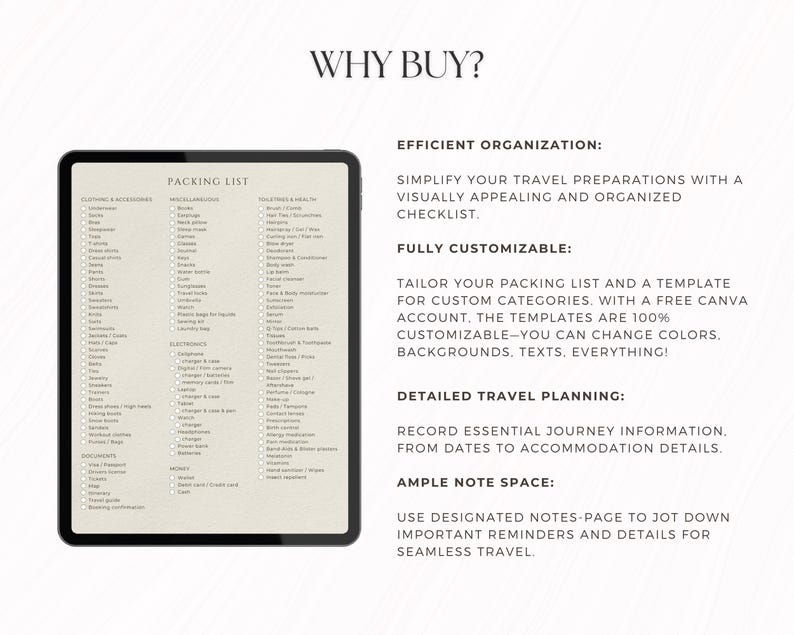 Editable Travel Packing List | Canva Template Bundle (digital Download ...