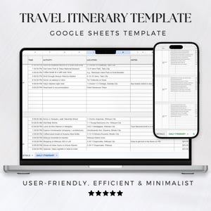 Pode incluir: Um modelo de planilha do Google Sheets para criar um itinerário de viagem. O modelo inclui colunas para hora, atividade, local e notas. A imagem mostra a tela de um laptop exibindo o modelo e a tela de um telefone móvel exibindo um itinerário diário.