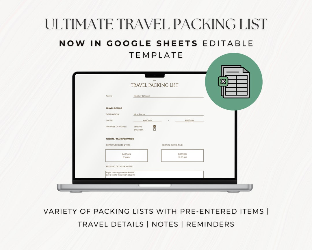 Digital Travel Packing List | Editable Google Sheets Template - Etsy