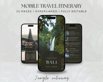 May include: Three smartphones displaying a mobile travel itinerary. The screens show images of Bali, including a waterfall and temple, with the text "MOBILE TRAVEL ITINERARY" and "BALI". The design is in a jungle colorway.
