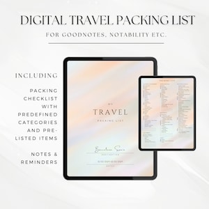 May include: A digital travel packing list template for Goodnotes and Notability apps. The template includes a checklist with predefined categories and pre-listed items, notes and reminders, and a section for destination and dates. The template is displayed on a tablet screen with a blurred background.