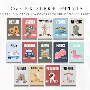 Könnte beinhalten: Eine Collage aus 14 bunten Reisefotobuch-Covern mit ikonischen Sehenswürdigkeiten und Symbolen aus Städten auf der ganzen Welt, wie dem Eiffelturm, dem Kolosseum und dem Brandenburger Tor. Jedes Cover enthält den Städtenamen, einen Monat und das Jahr 2024.