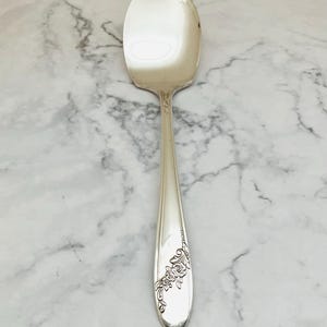 May include: A silver serving spoon with a wide, oval bowl and a long, slender handle. The handle features a floral design near the bowl. The spoon is made of a shiny, reflective metal, likely stainless steel or silver.