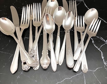 Mismatched Vintage Silver Plate 5 Piece Place Setting - Wedding Flatware, Rehearsal Dinner, Holiday Table, Bridal Shower