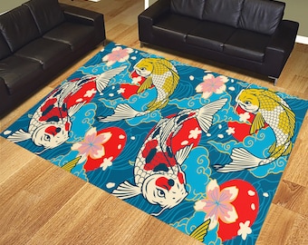 Koi fish rug, colorful fish rug, animal rug, colorful rug, area rug, fun area rug, fish rug, japanese rug, japan rug, japanese fish rug