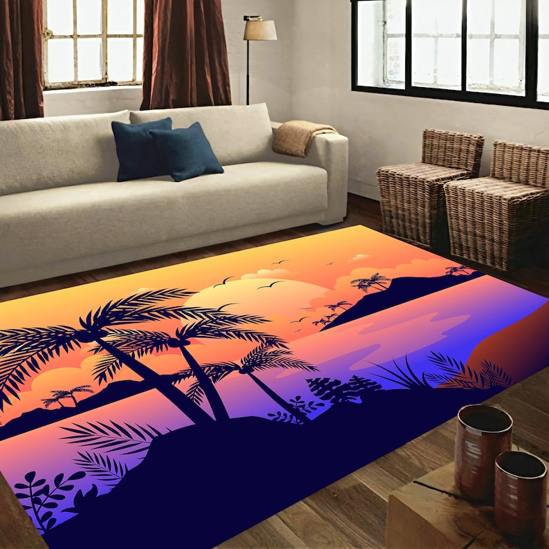 Palm Tree Sunset Rug Landscape Rug, Sun Rug, Cartoon Rug, Palm Tree Rug, Sunset Rug, Sunrise ...