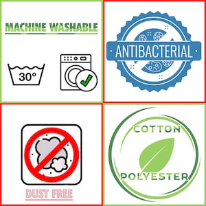 May include: A set of four icons representing product features. The first icon is a washing machine with a checkmark inside, indicating machine washable. The second icon is a blue circle with the text "ANTIBACTERIAL" inside. The third icon is a red circle with a line through it and a cloud inside, indicating dust free. The fourth icon is a green circle with a leaf inside and the text "COTTON POLYESTER" below.