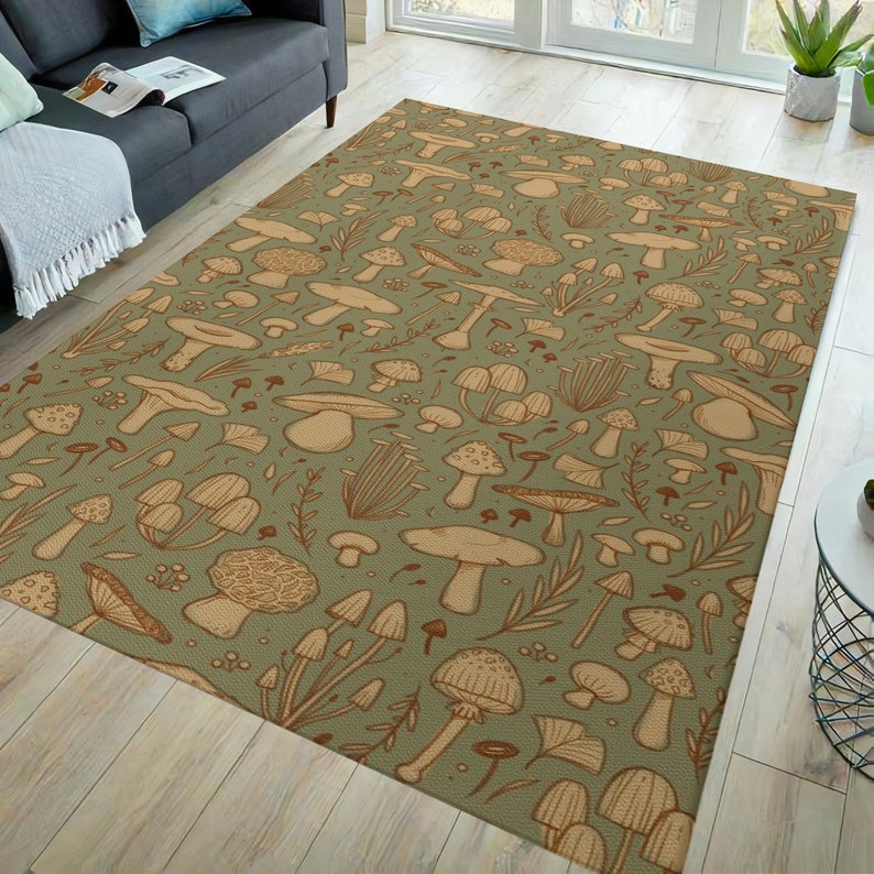 May include: A green rug with a pattern of brown mushrooms of various shapes and sizes. The rug has a vintage aesthetic.