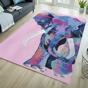 Alfombra rosa, alfombra de elefante, alfombra de acuarela, alfombra de elefante de acuarela, alfombra de dibujos animados, alfombra divertida, alfombra de elefante colorida, alfombra para niños, decoración del hogar