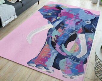 Pink rug, elephant rug, watercolor rug, watercolor elephant rug, cartoon rug, fun area rug, colorful elephant rug, kids rug, home decor